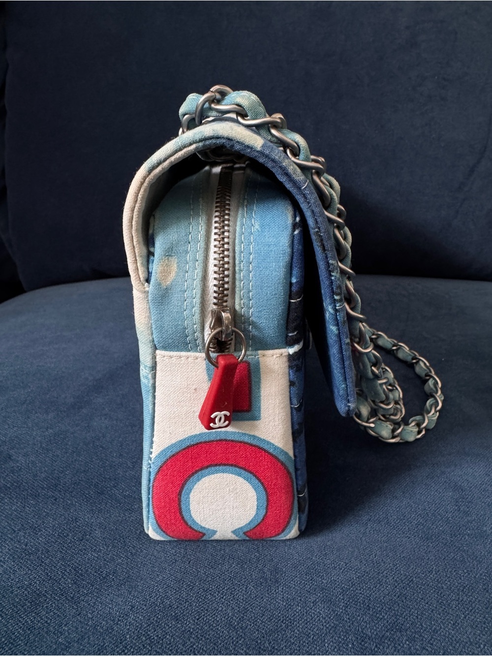 Rare Chanel 2002 Surf Line Choco Bar flap Blue Canvas Silver Hardware - Picture 4 of 17